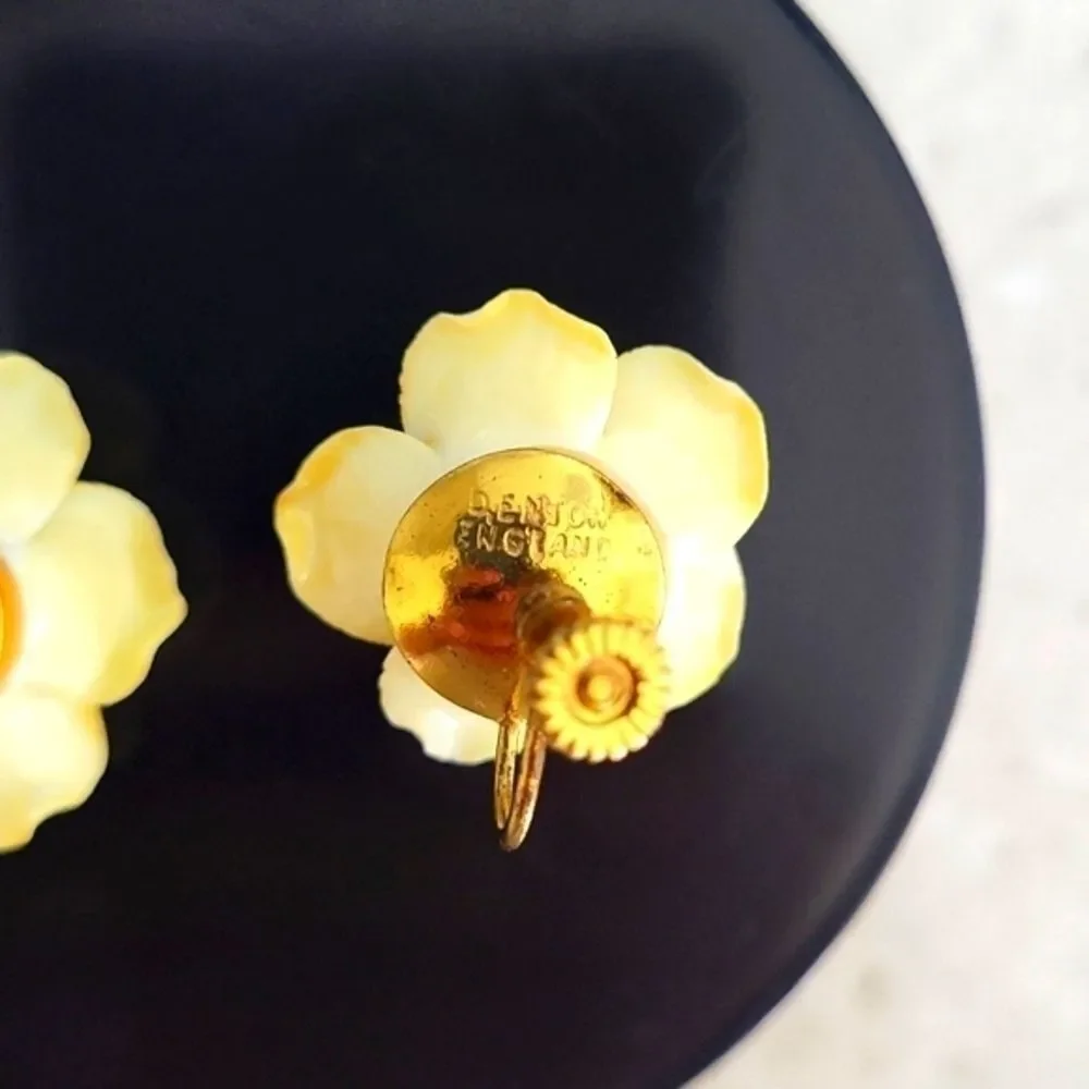 Vintage 1950s-60s Denton England Bone China,Yellow Rose Screw Back Earrings